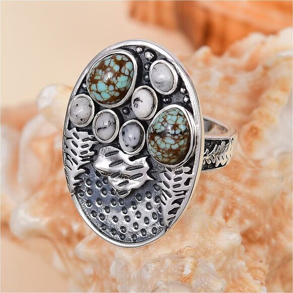 Artisan Jewelry - Winter Howl Ring ✦ White Buffalo & Blue Moon Turquoise 3.40ctw ✦ 925 Silver Sz 6